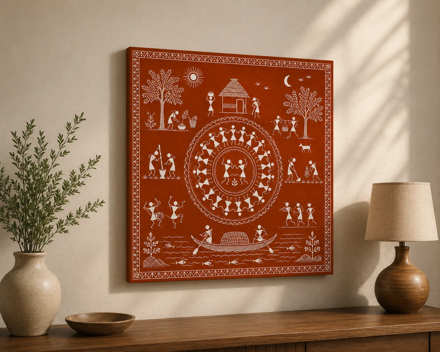 Traditional Warli Village Life & Celebration Canvas Print - Indian Tribal Wall Art - Image 3