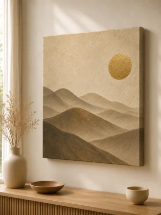 Misty Dunes & Gold Sun Canvas Art – Neutral Japandi Nature Print