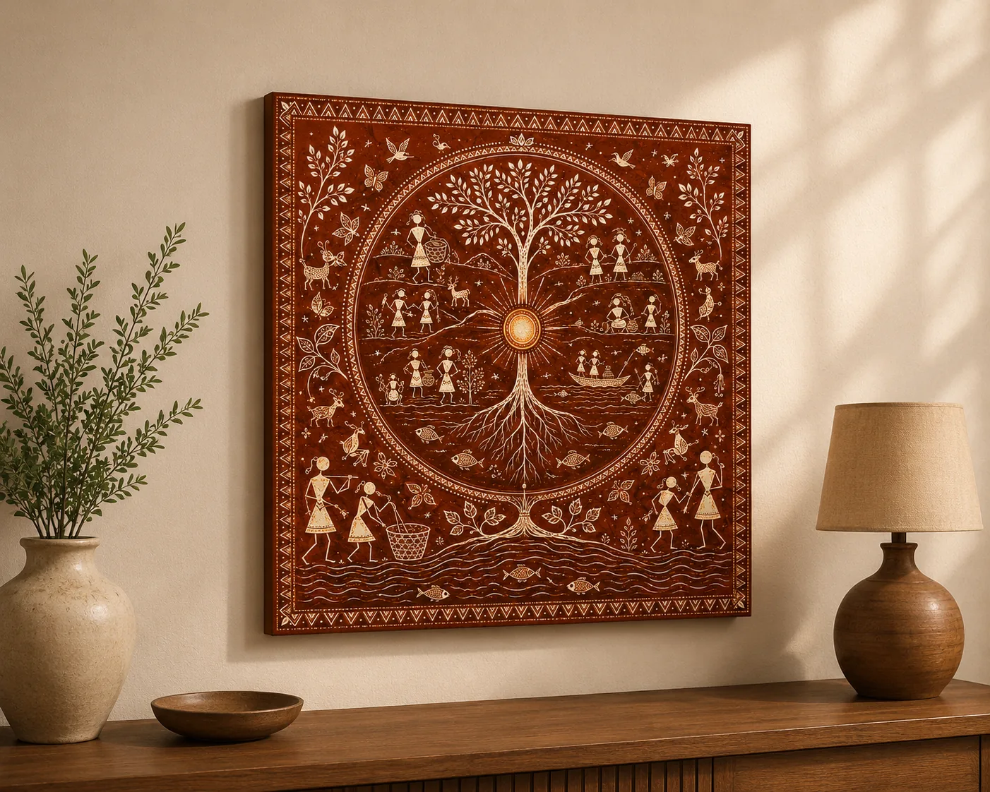 Warli Sacred Tree of Life Canvas Print - Golden Sun Indian Tribal Wall Art - Image 2