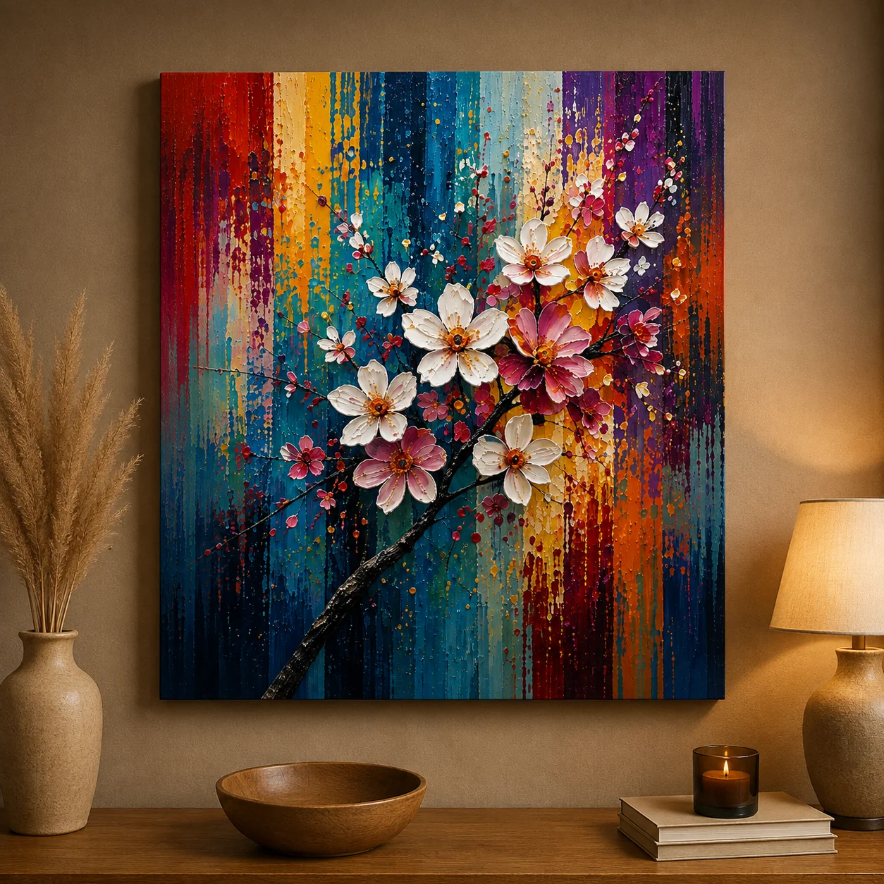 Cherry Blossom Branch Color Maximal Canvas Print - Retro Impasto Floral Wall Art - Image 3