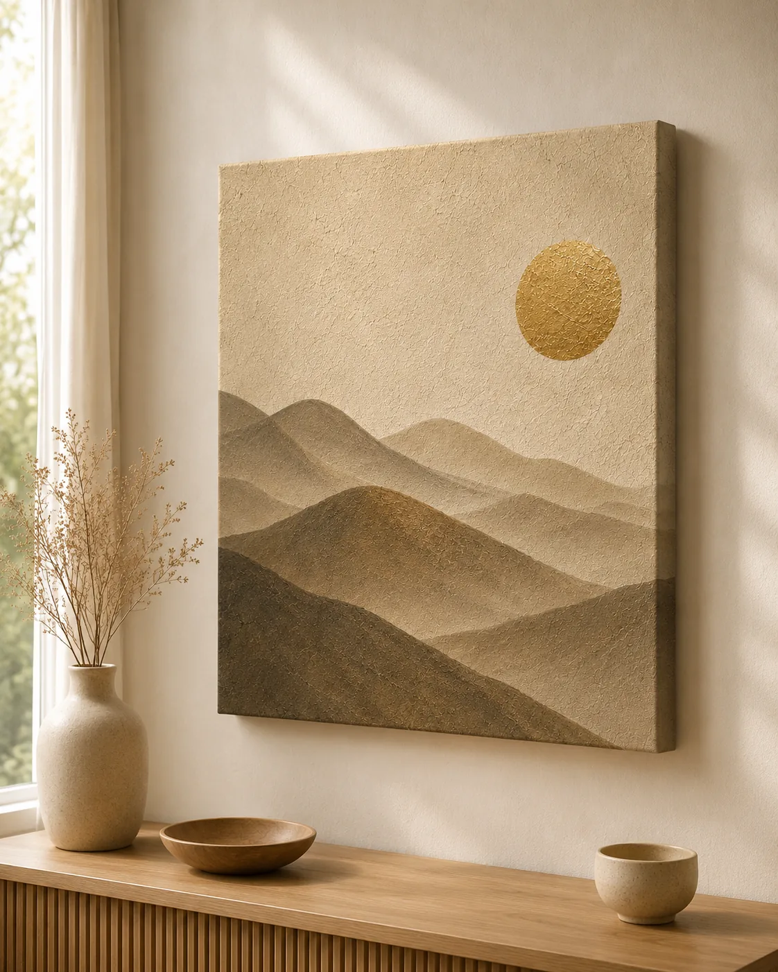 Misty Dunes & Gold Sun Canvas Art – Neutral Japandi Nature Print