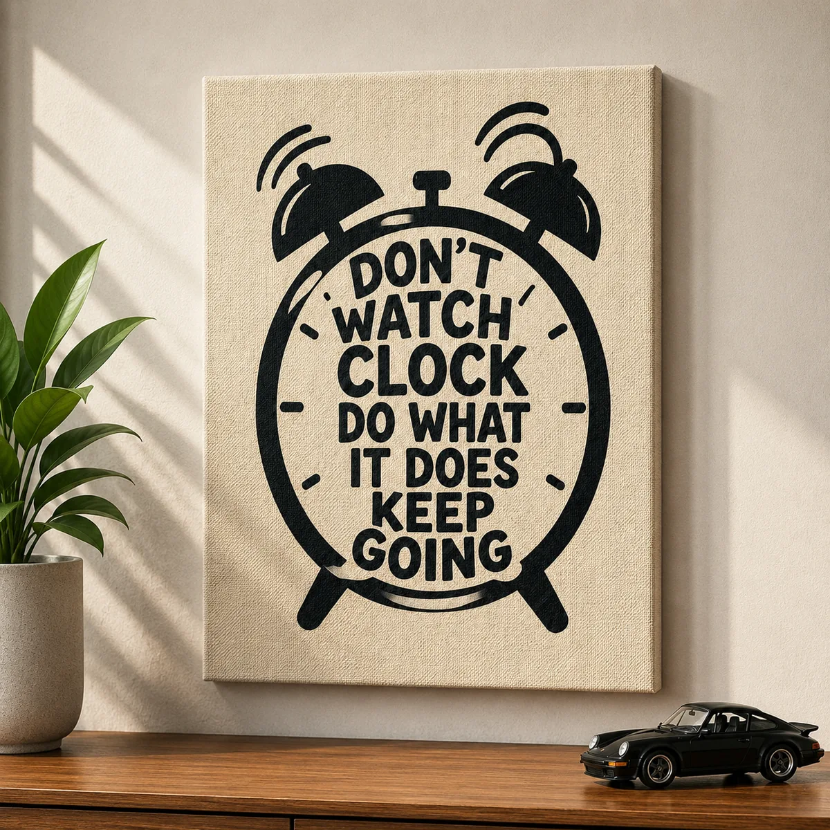 Retro Alarm Clock Typography Canvas Print – "Don't Watch The Clock, Keep Going" - Image 4