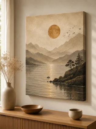 Serene Mountain Lake & Sun Canvas Print – Japandi Minimalist Vintage Fisherman & Landscape Wall Art