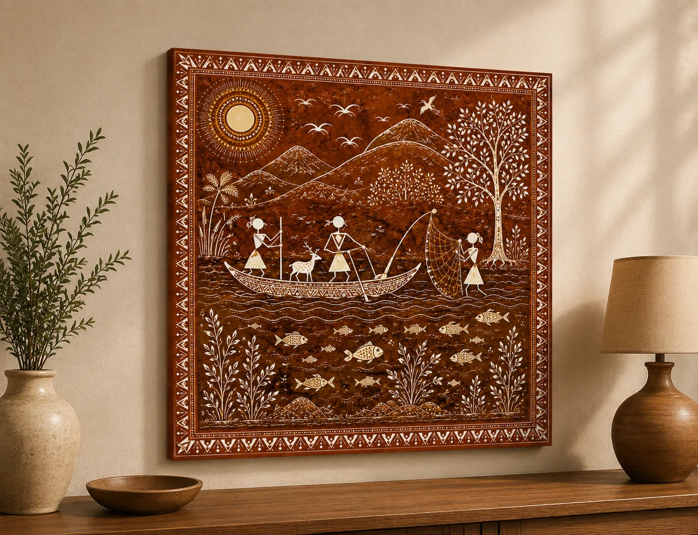 Warli River Fishing & Mountain Scene Canvas Print - Traditional Indian Tribal Wall Art - Image 2