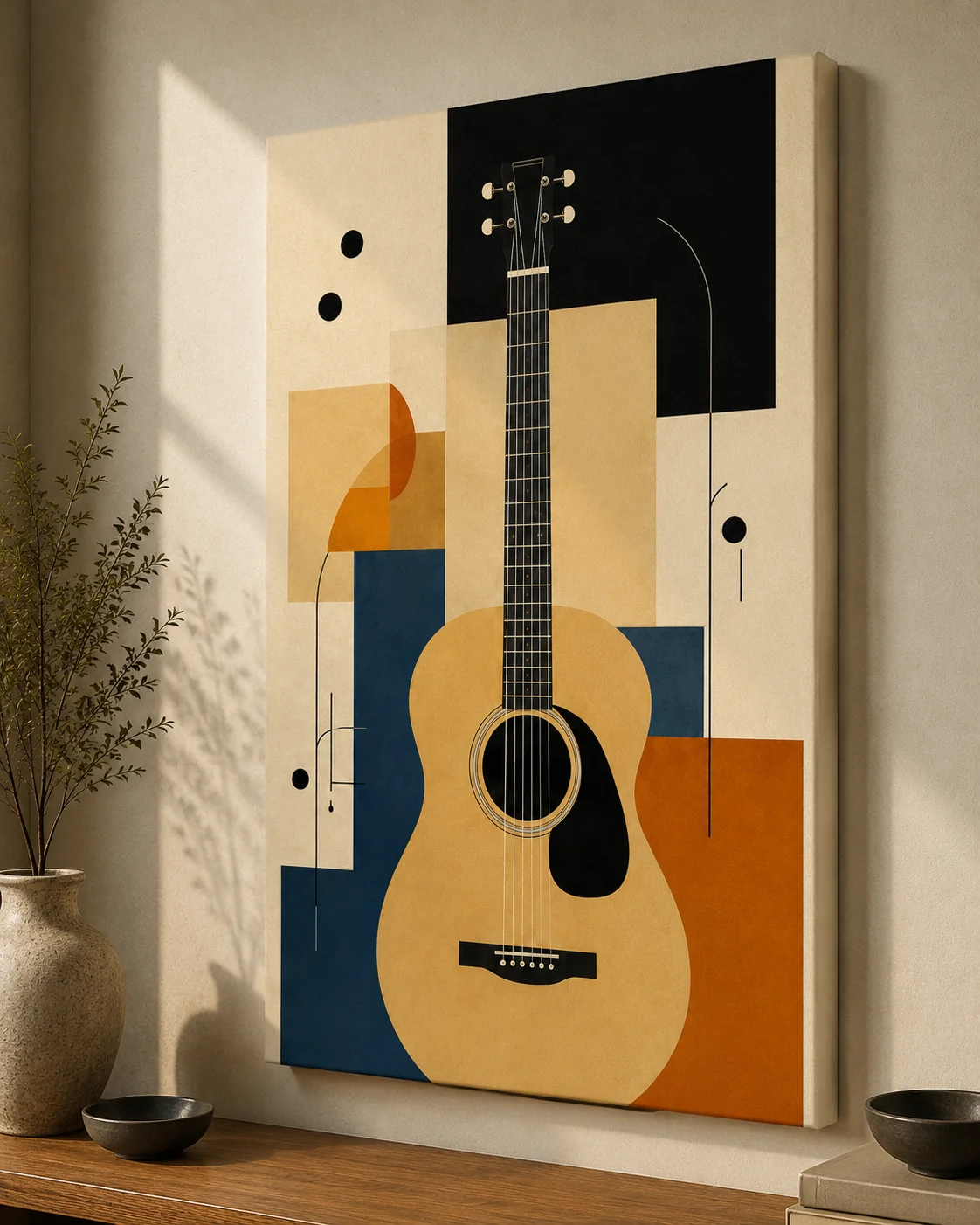 Bauhaus Abstract Acoustic Guitar Canvas Print -Mid-Century Modern Musical Wall Art