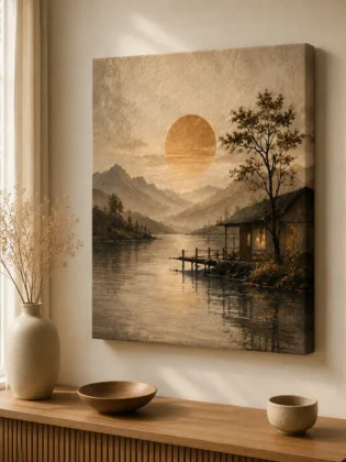 Misty Lakeside Cabin & Rising Sun Canvas Print – Japandi Vintage Minimalist Landscape Wall Art