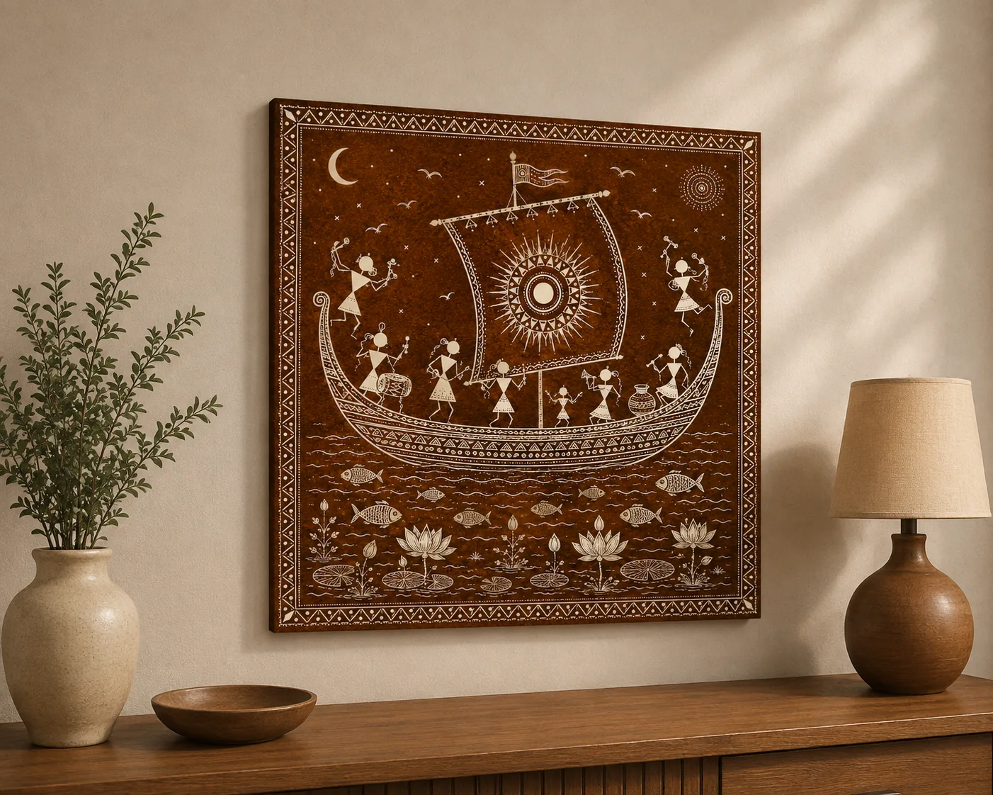 Warli Royal Boat & Voyage Canvas Print - Traditional Indian Tribal Wall Art | Dual Color He - Image 2