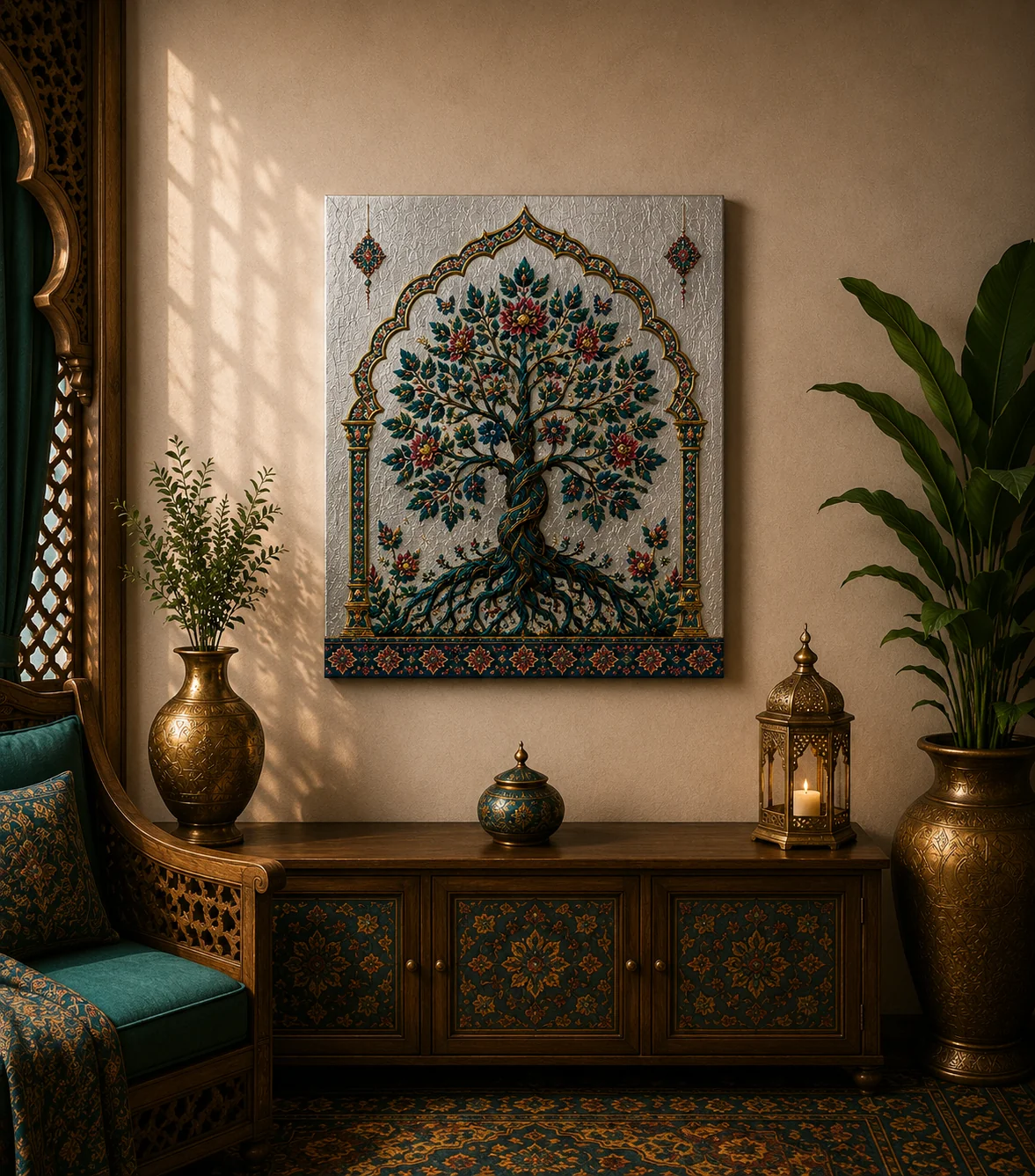 Luxury Tree of Life Canvas Art – Premium Silver Metallic Mughal Arch Print - Image 2