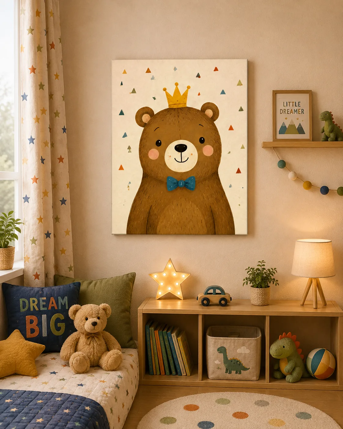 Cute Crowned Teddy Bear Canvas Print - Nordic Royal Bear Kids Wall Art - Image 3