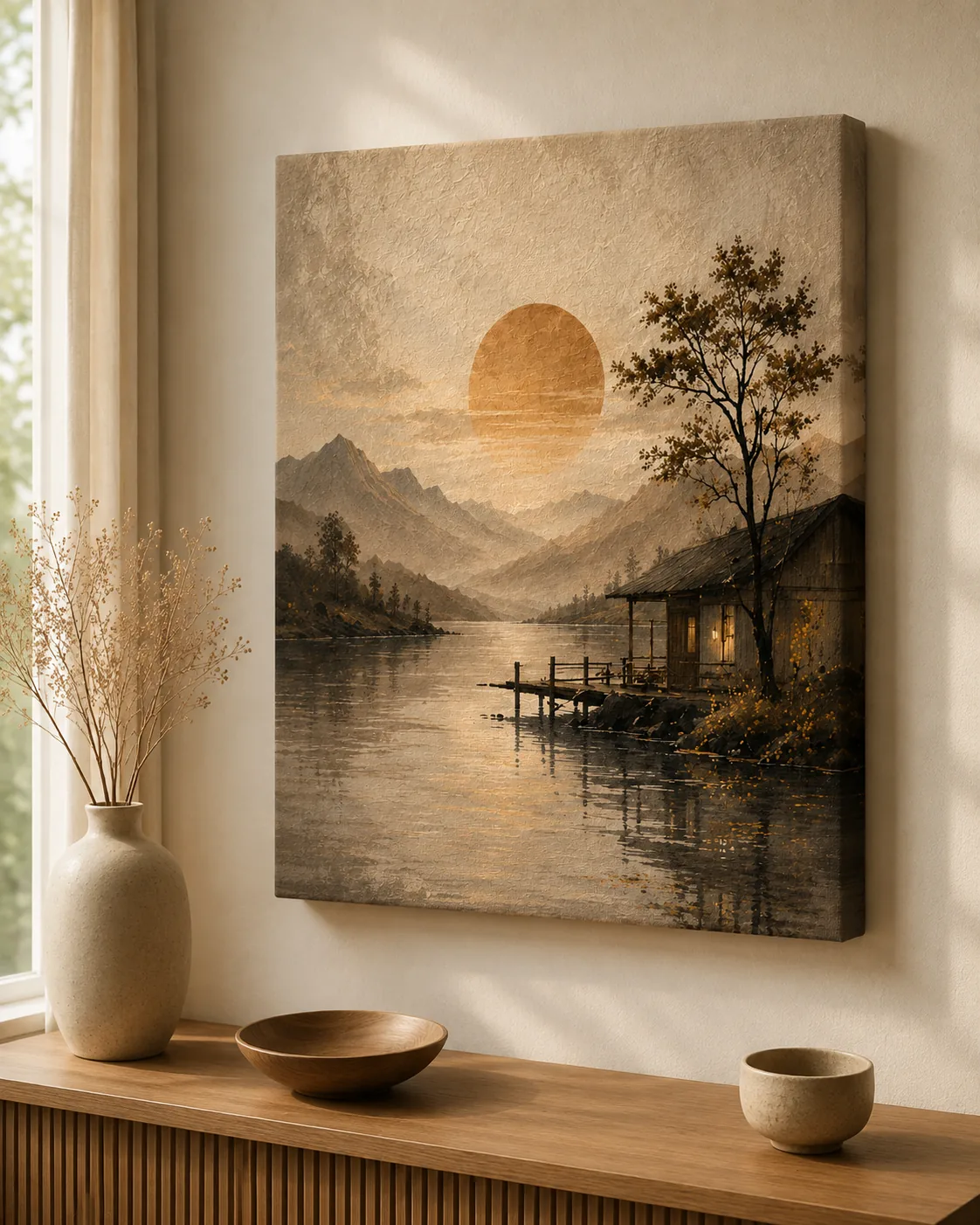 Misty Lakeside Cabin & Rising Sun Canvas Print – Japandi Vintage Minimalist Landscape Wall Art