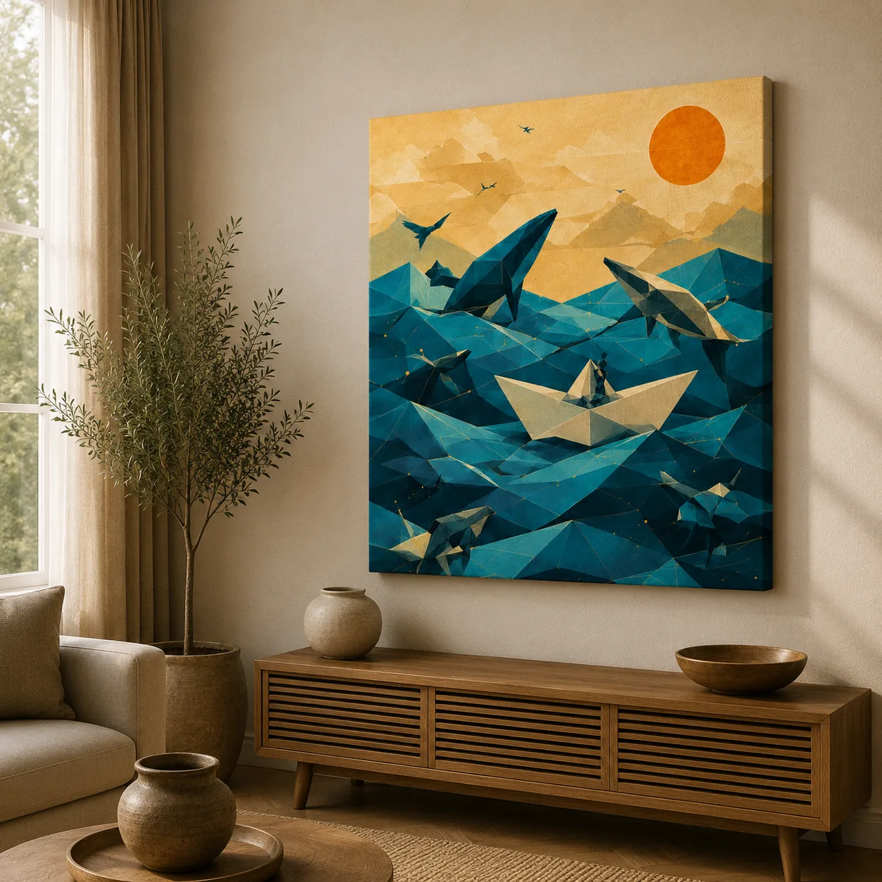 Retro Origami Boat & Whales Canvas Print - Surreal Ocean Sunset Wall Art - Image 3