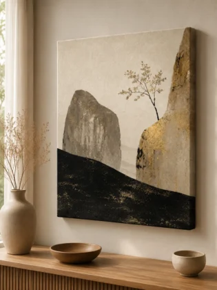 Minimalist Zen Rock & Tree Canvas Print – Abstract Wabi-Sabi Mountain Wall Art