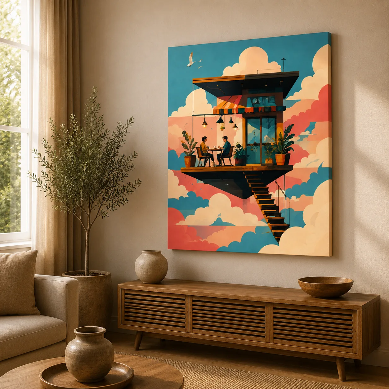 Retro Floating Cafe Canvas Print - Surreal Cloud City Wall Art - Image 3
