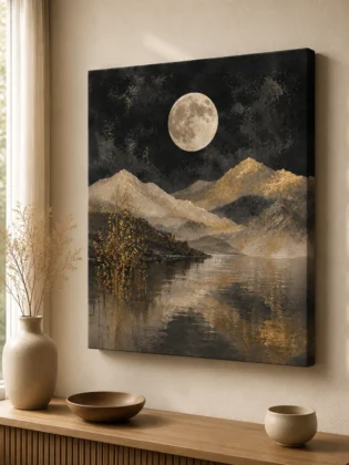 Full Moon Over Mountain Lake Canvas Print – Japandi Wabi-Sabi Moody Textured Abstract Landscape Wall Art