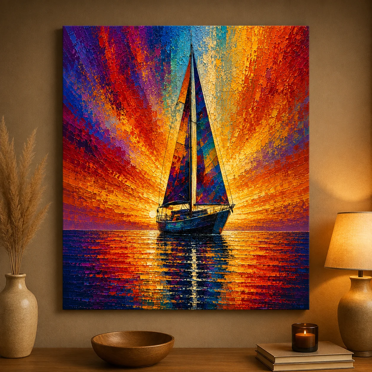 Sunset Sailboat Seascape Color Maximal Canvas Print - Retro Impasto Nautical Wall Art - Image 2