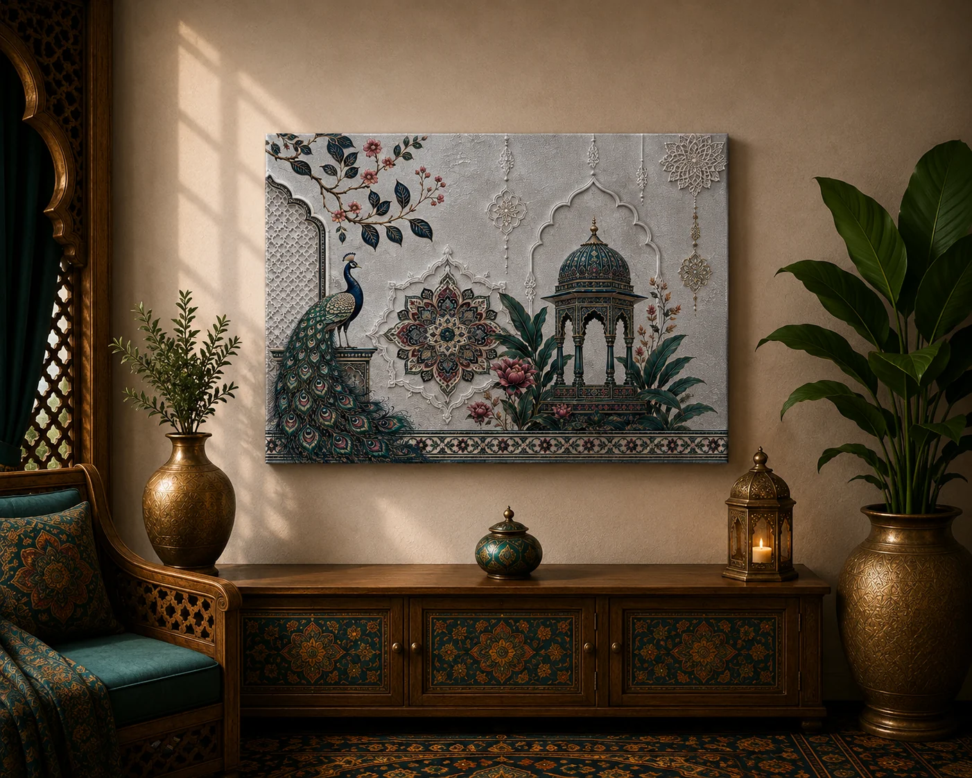 Luxury Mughal Garden Pavilion Canvas Art – Premium Silver Metallic Peacock Print - Image 2