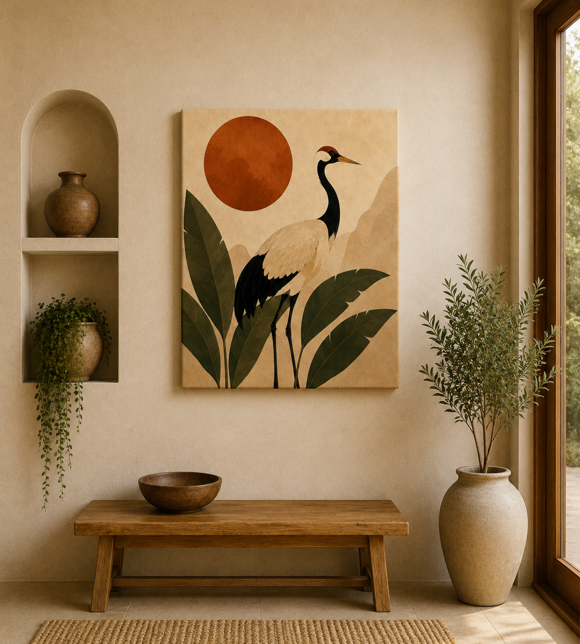 Japanese Red-Crowned Crane Canvas Print - Terracotta Sun & Palm Leaves Boho Wall Art - Image 3