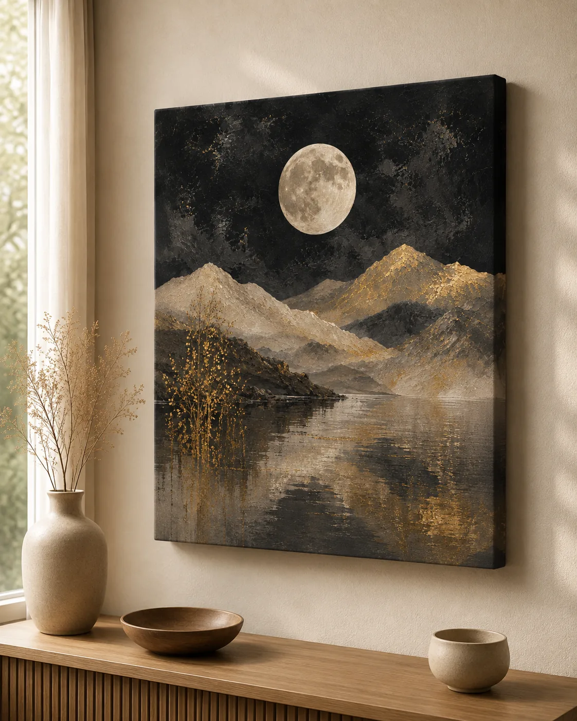 Full Moon Over Mountain Lake Canvas Print – Japandi Wabi-Sabi Moody Textured Abstract Landscape Wall Art