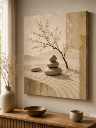 Zen Garden Balanced Stones Canvas Print – Minimalist Japanese Wabi-Sabi Wall Art
