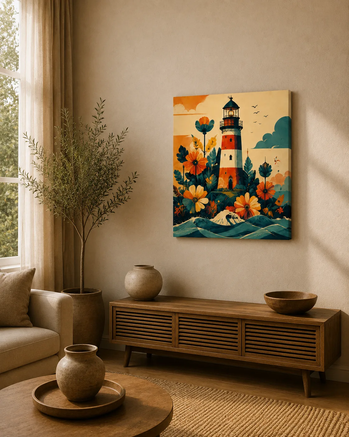 Retro Floral Lighthouse Canvas Print - Vintage Coastal Ocean Waves Wall Art - Image 2