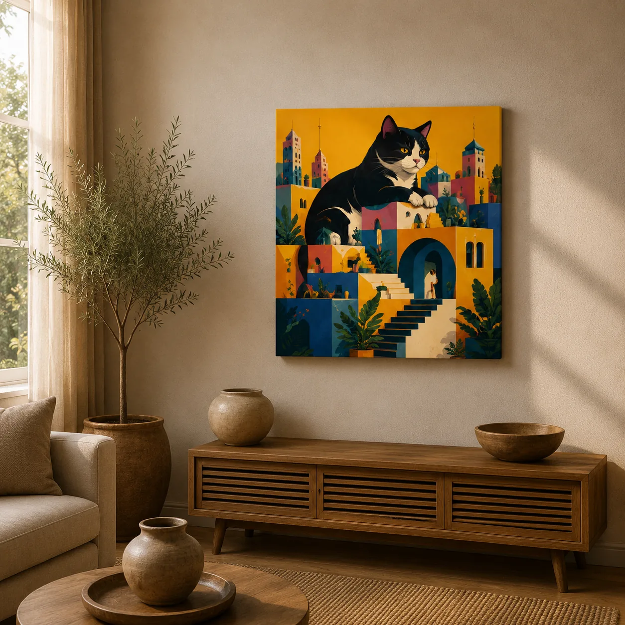 Retro Giant Tuxedo Cat Canvas Print - Whimsical Mediterranean City Wall Art - Image 3