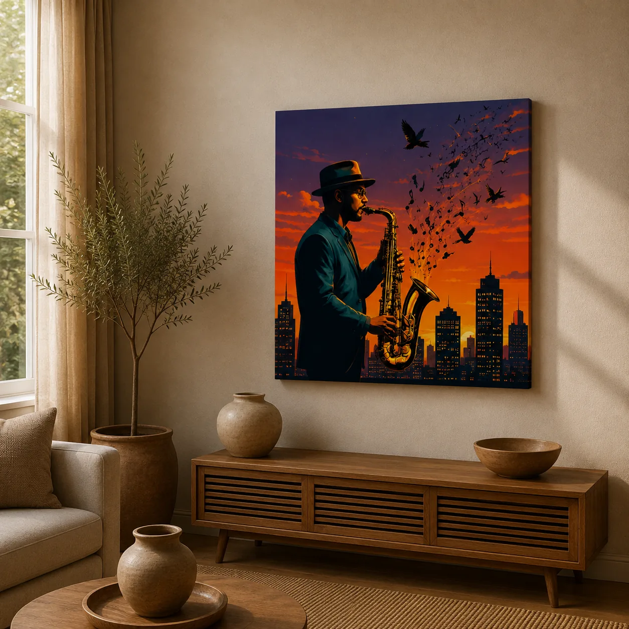 Retro Jazz Saxophonist Canvas Print - City Sunset Skyline Wall Art - Image 2