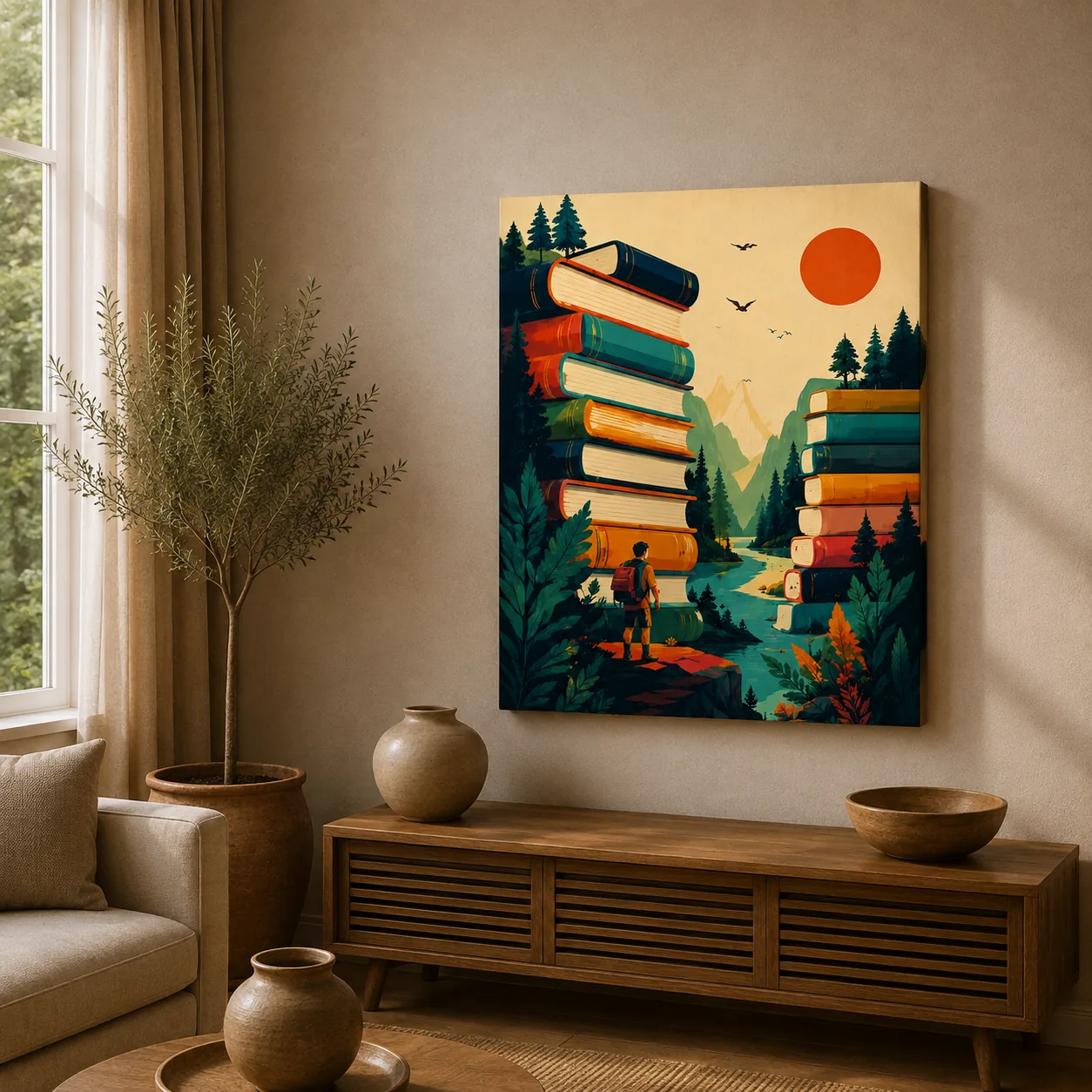 Retro Mountain Stacked Books Canvas Print - Vintage Reader Wanderlust Wall Art - Image 2