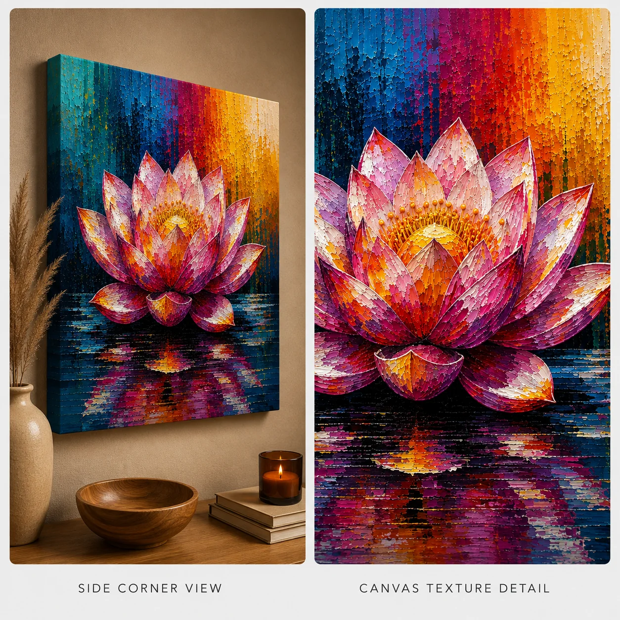 Blooming Lotus Flower Color Maximal Canvas Print - Retro Impasto Botanical Wall Art - Image 4