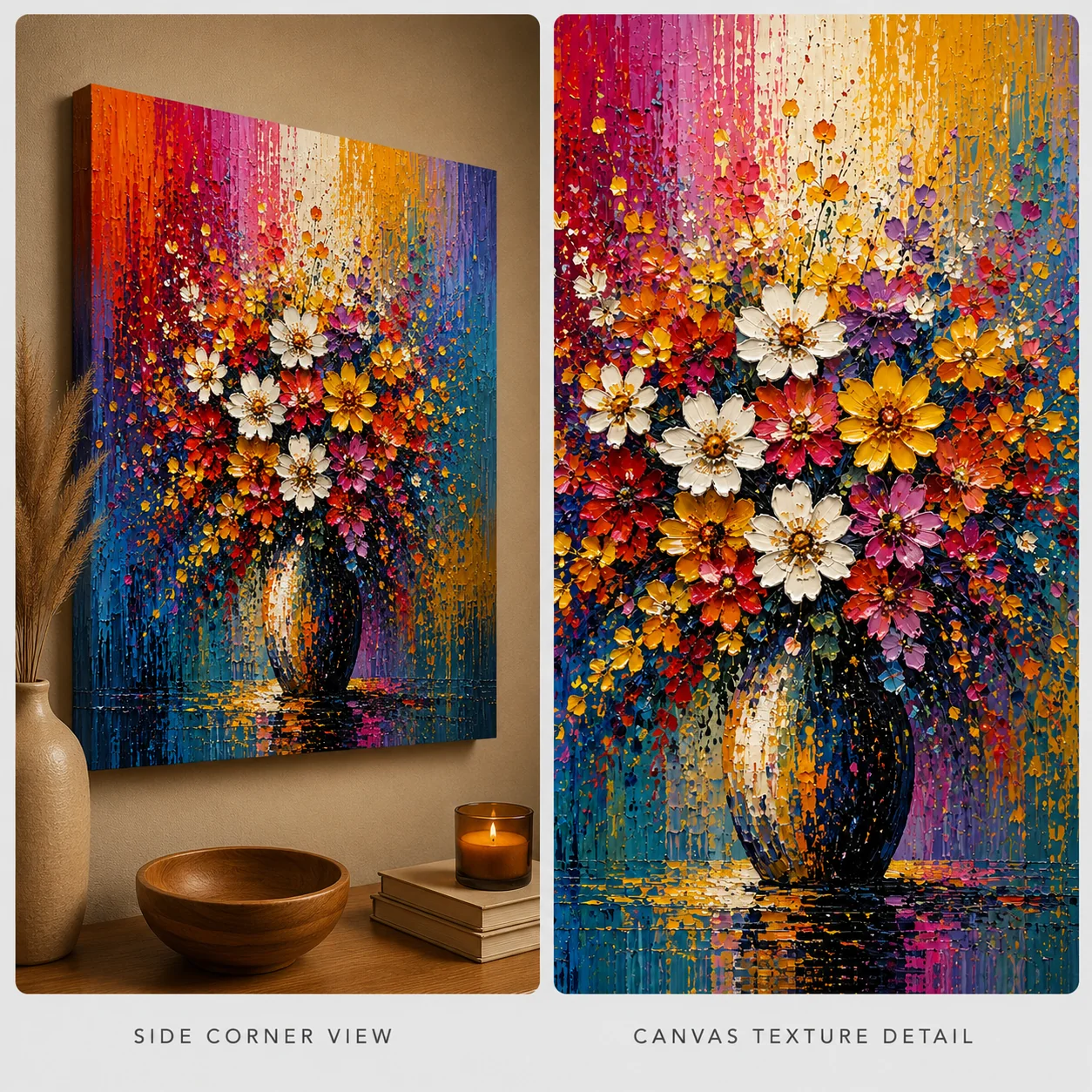 Floral Bouquet in Vase Color Maximal Canvas Print - Retro Impasto Still Life Wall Art - Image 4