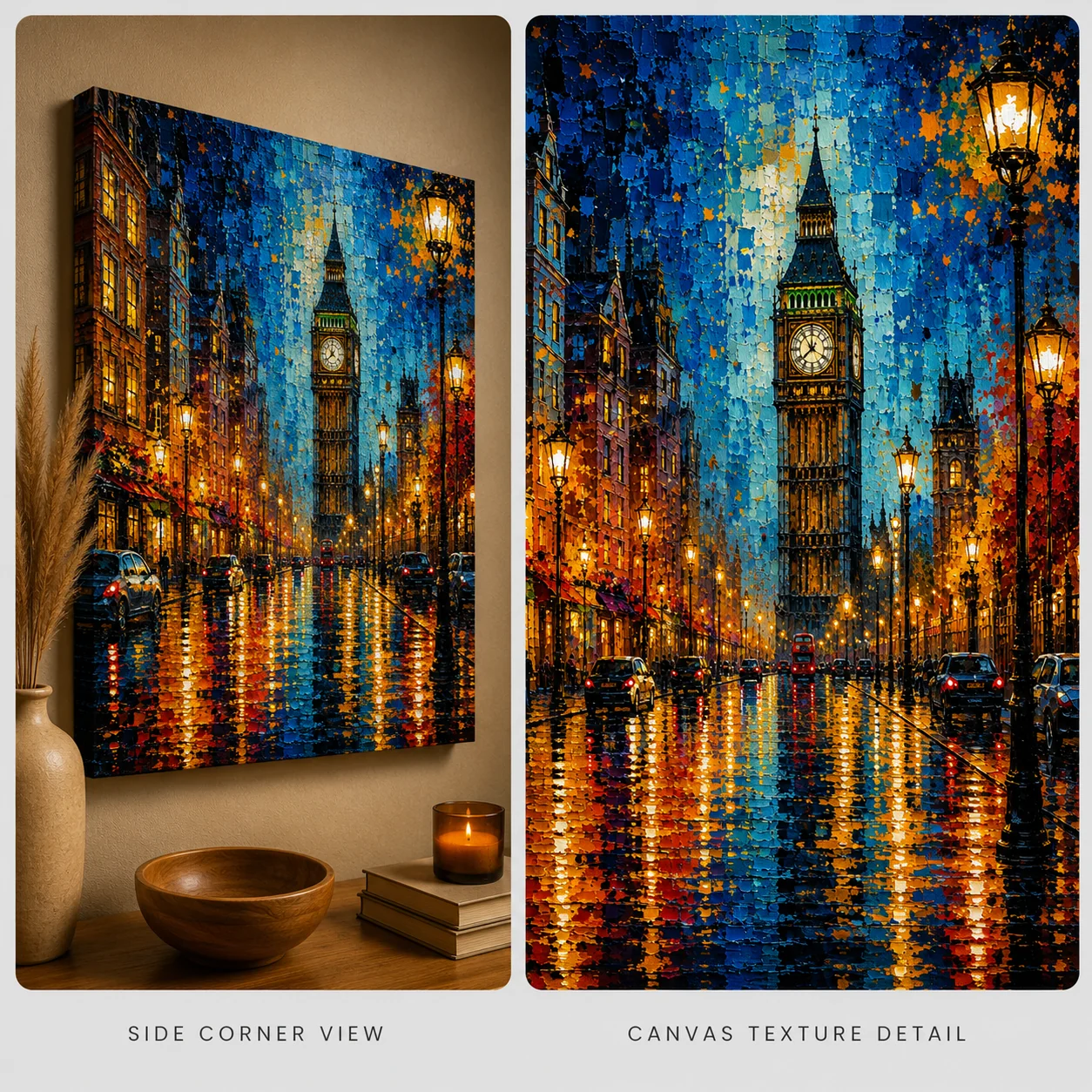 London Big Ben Street Scene Color Maximal Canvas Print - Retro Impasto Cityscape Wall Art - Image 4