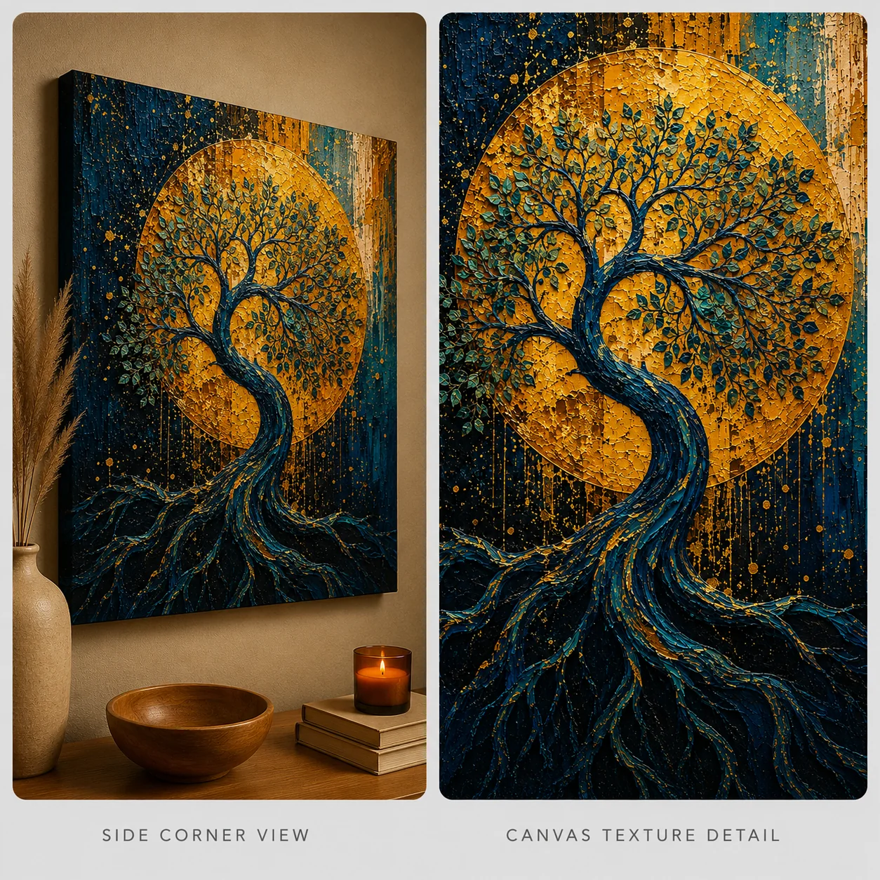 Tree of Life Golden Moon Celestial Canvas Print - Retro Impasto Nature Wall Art - Image 4