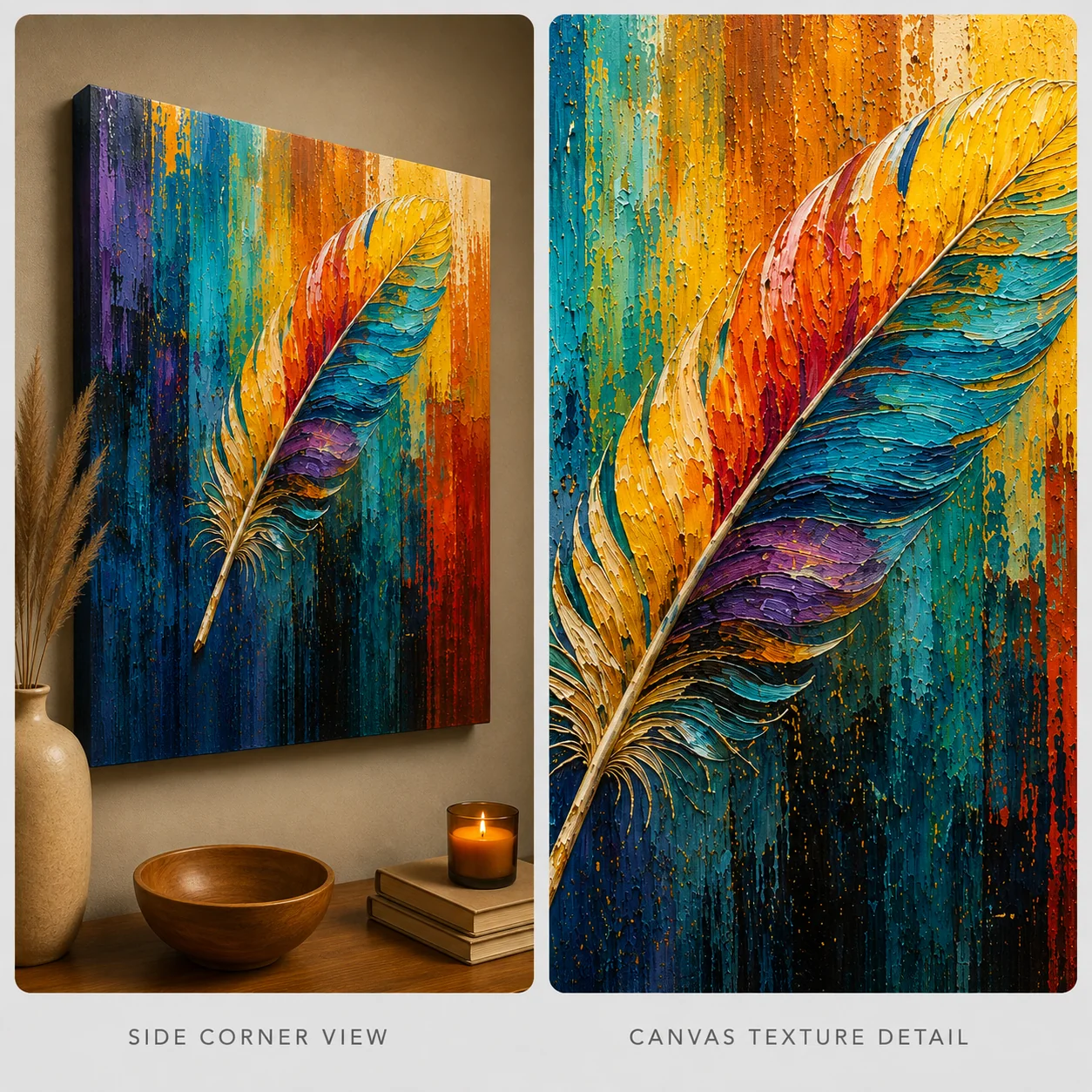 Rainbow Feather Color Maximal Canvas Print - Retro Impasto Abstract Nature Wall Art - Image 4