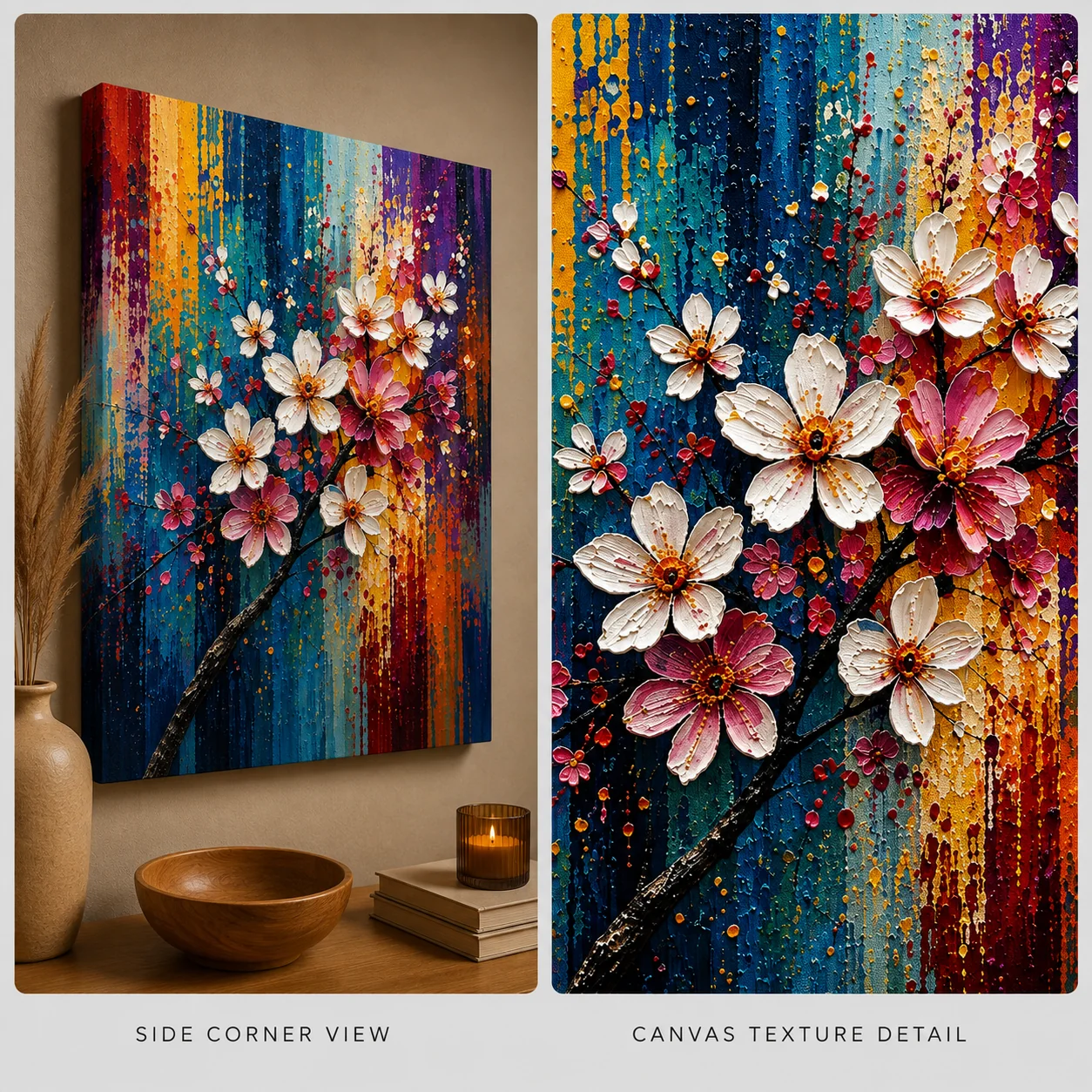 Cherry Blossom Branch Color Maximal Canvas Print - Retro Impasto Floral Wall Art - Image 4