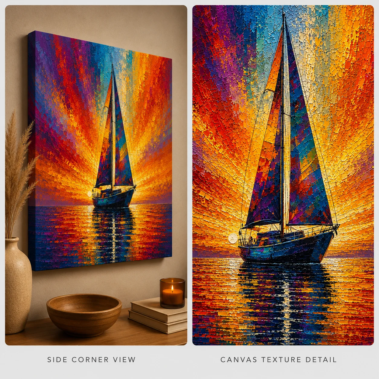 Sunset Sailboat Seascape Color Maximal Canvas Print - Retro Impasto Nautical Wall Art - Image 4