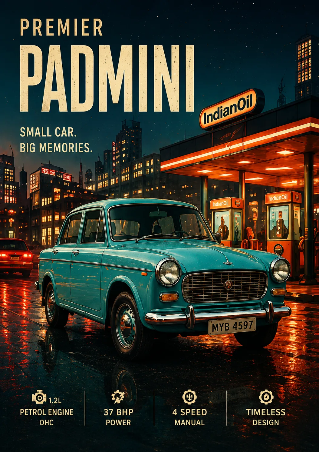 Vintage Premier Padmini Car Canvas Wall Art – Classic Indian Nostalgic Taxi Poster Print - Image 2