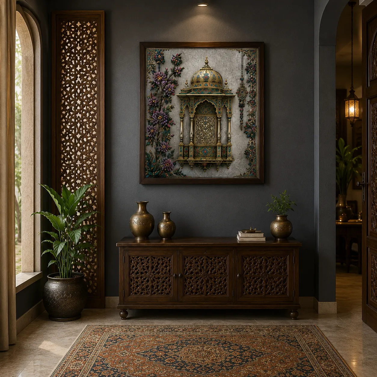 Luxury Ornate Mughal Window Canvas Art – Premium Silver Metallic Jharokha Print - Image 3