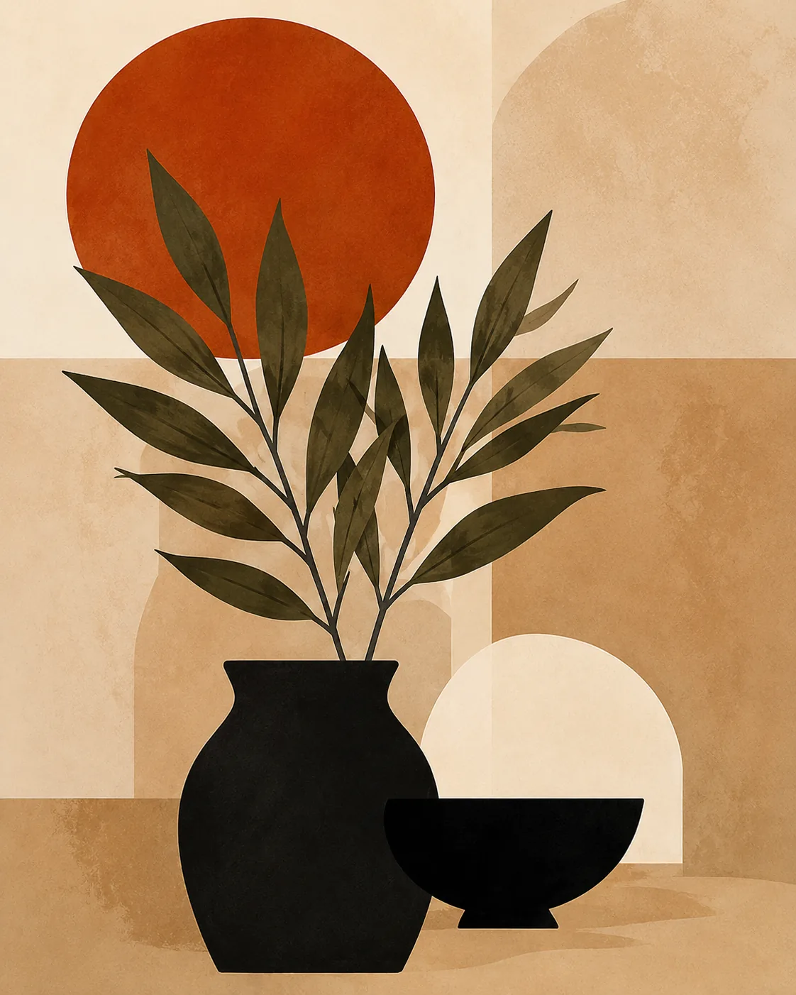 Minimalist Botanical Vase & Terracotta Sun Canvas Print - Olive Green Leaf & Black Ceramic Still Life Boho Wall Art - Image 2
