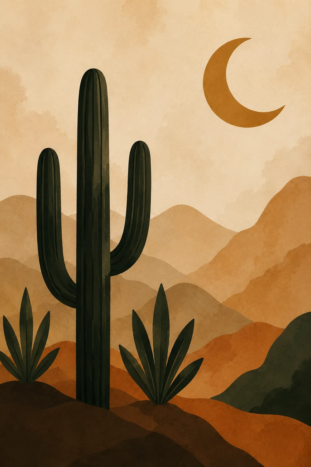 Desert Cactus & Crescent Moon Canvas Print - Earthy Terracotta & Mountain Landscape Boho Wall Art - Image 2