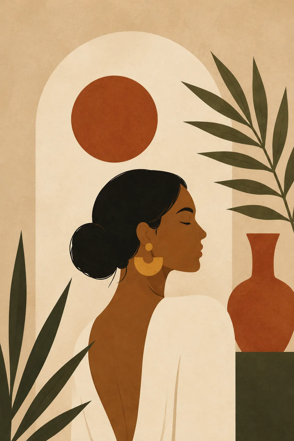 Minimalist Woman Profile Canvas Print - Terracotta Sun & Palm Leaf Boho Wall Art - Image 2