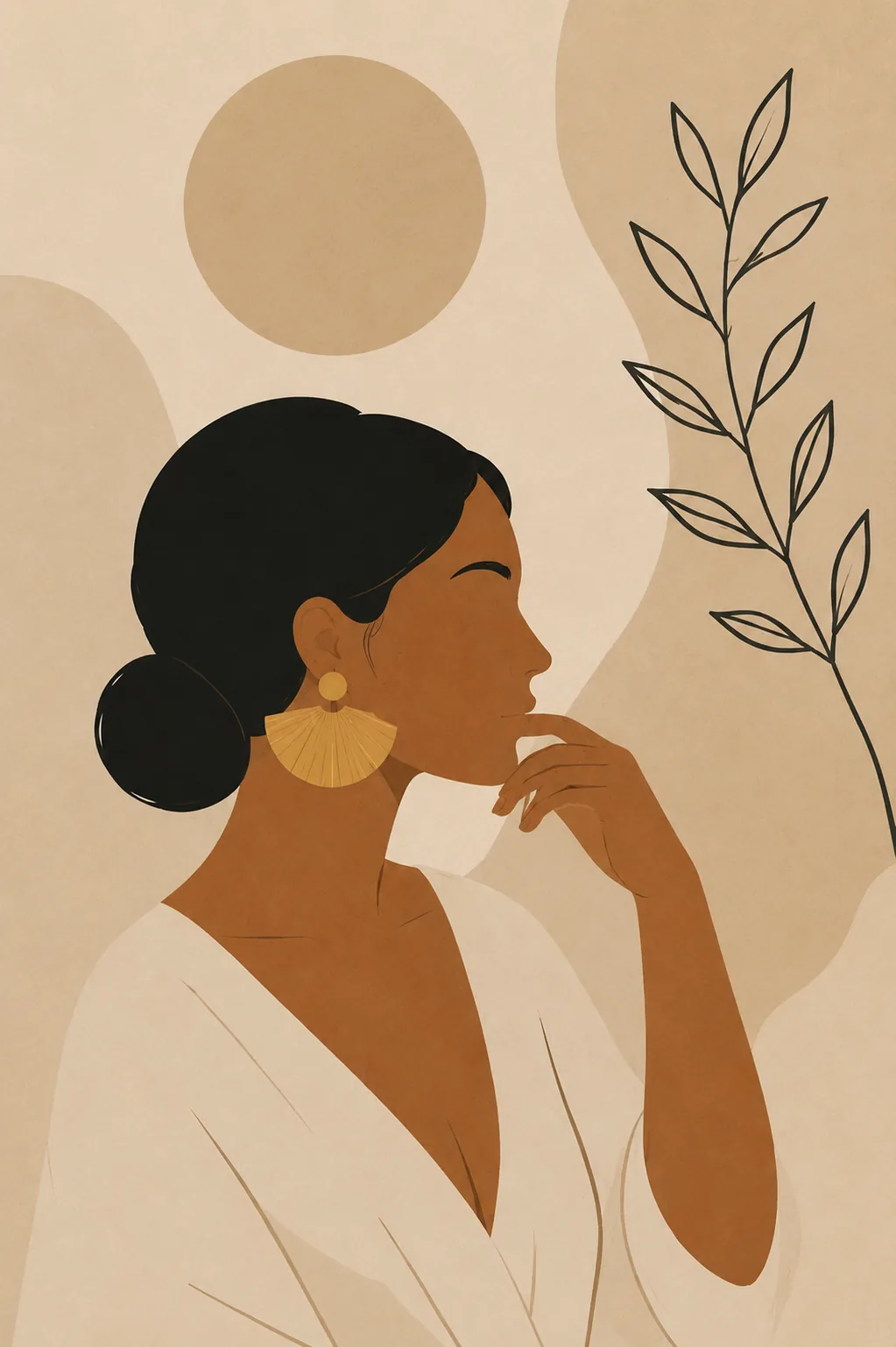 Minimalist Thinking Woman Canvas Print - Warm Ochre & Botanical Line Art Boho Wall Art - Image 2