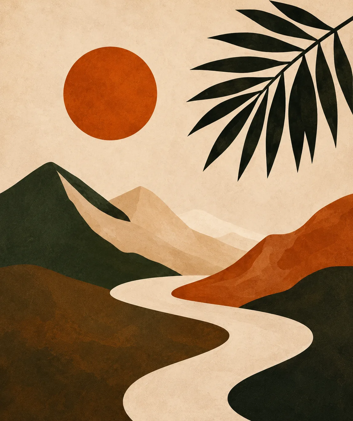 Minimalist Mountain Landscape Canvas Print - Terracotta Sun & Winding River Boho Wall Art - Image 3