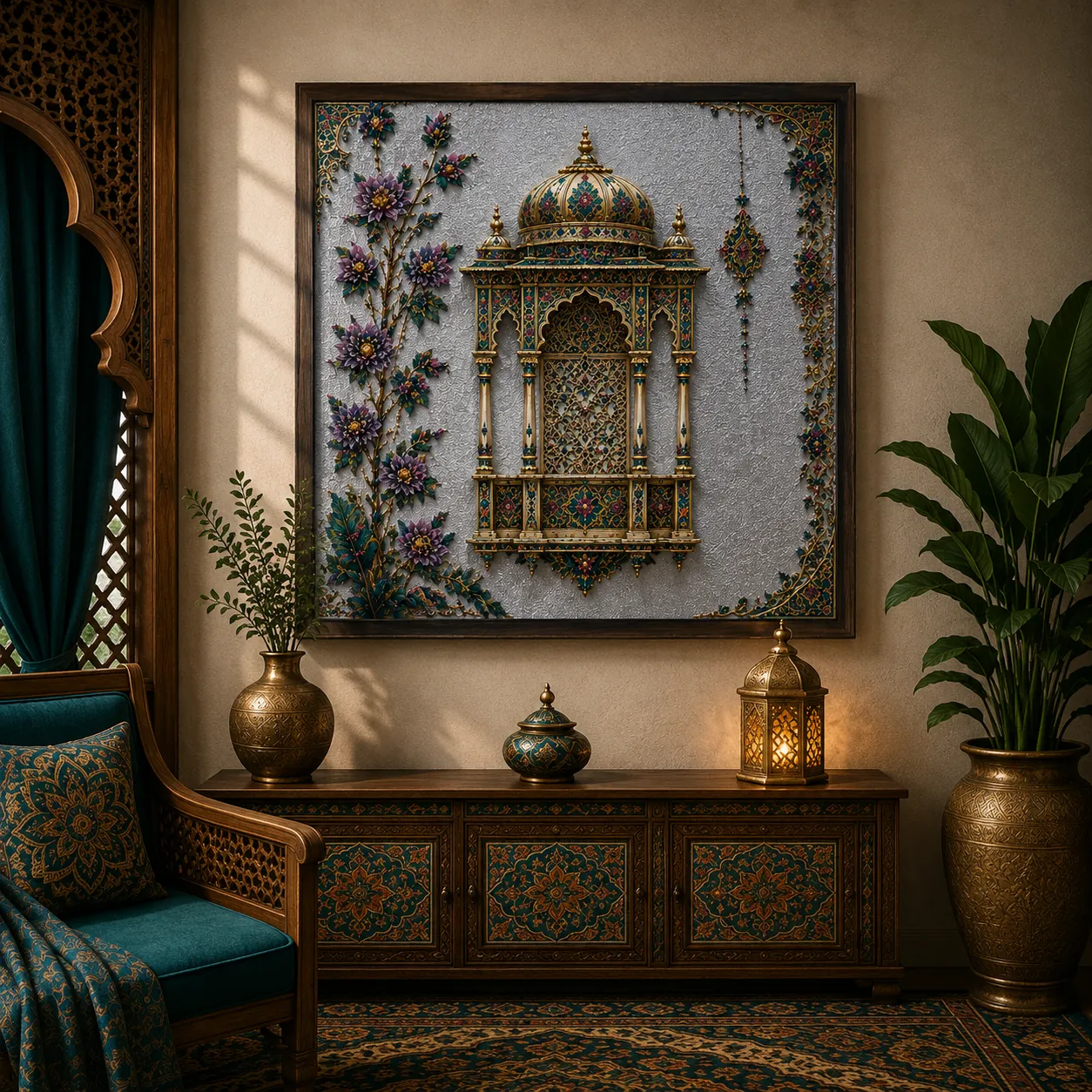 Luxury Ornate Mughal Window Canvas Art – Premium Silver Metallic Jharokha Print - Image 2