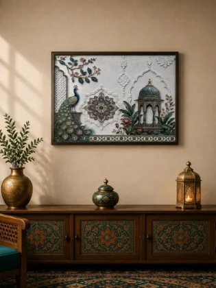 Luxury Mughal Garden Pavilion Canvas Art – Premium Silver Metallic Peacock Print