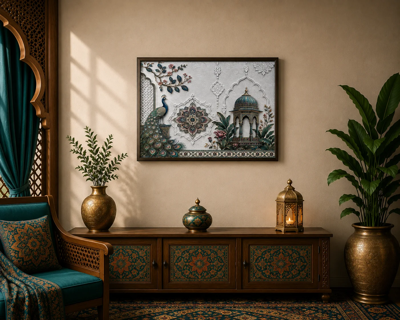 Luxury Mughal Garden Pavilion Canvas Art – Premium Silver Metallic Peacock Print