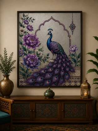 Luxury Royal Peacock Canvas Art – Premium Silver Metallic Mughal Arch Print