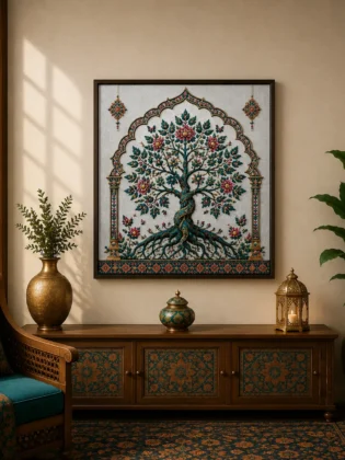 Luxury Tree of Life Canvas Art – Premium Silver Metallic Mughal Arch Print