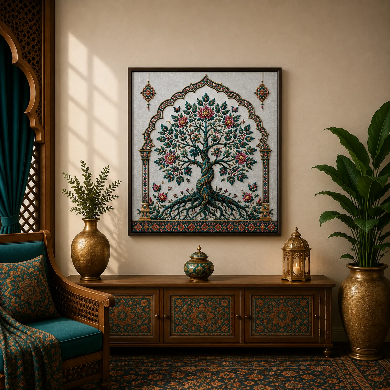 Luxury Tree of Life Canvas Art – Premium Silver Metallic Mughal Arch Print