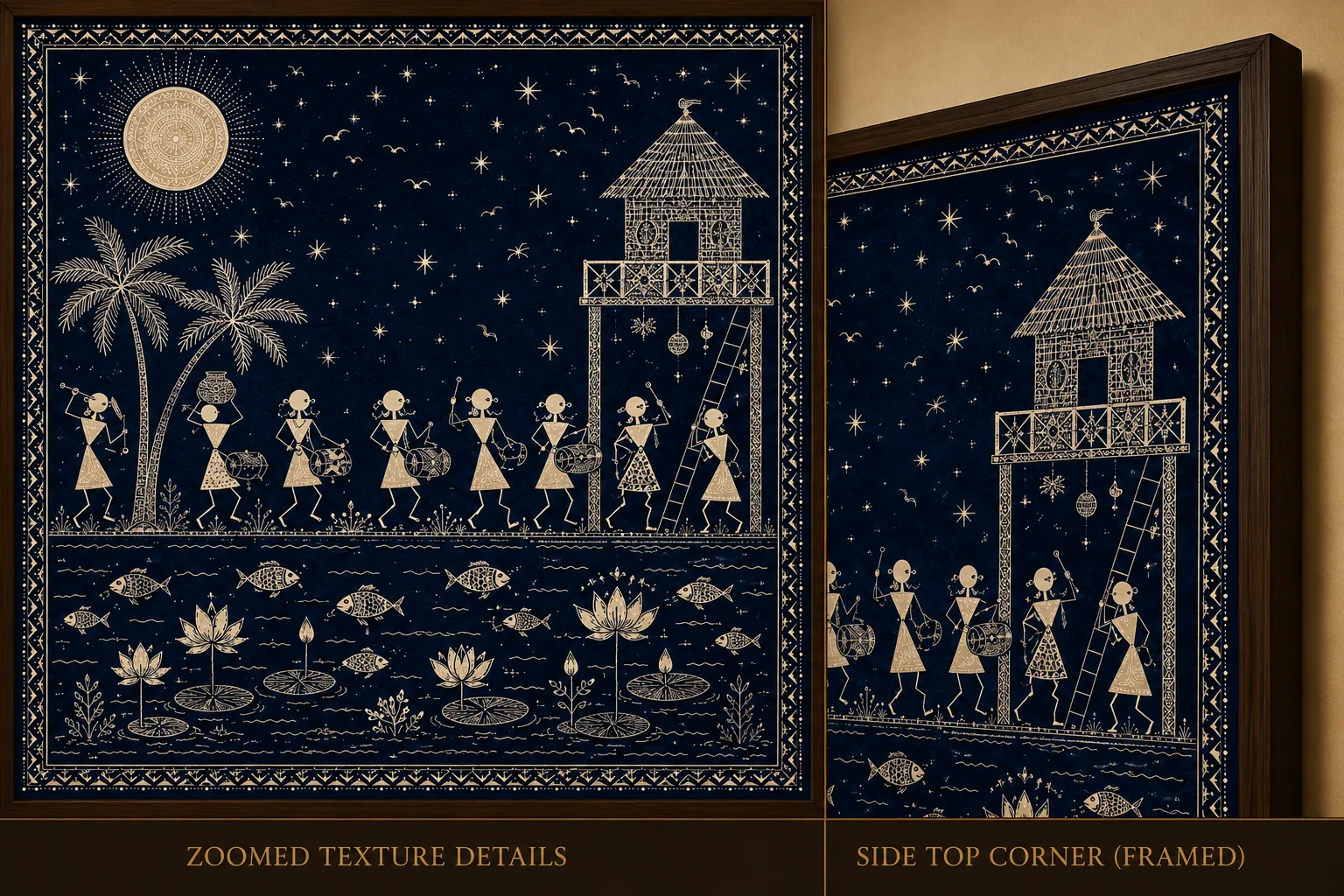 Warli Midnight Musical Procession & Starlit Lotus Pond Canvas Print - Traditional Indian Tribal Wall Art - Image 4