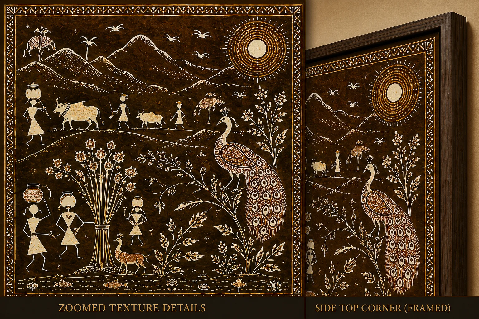 Warli Peacock & Mountain Village Scene Canvas Print - Traditional Indian Tribal Wall Art - Image 4