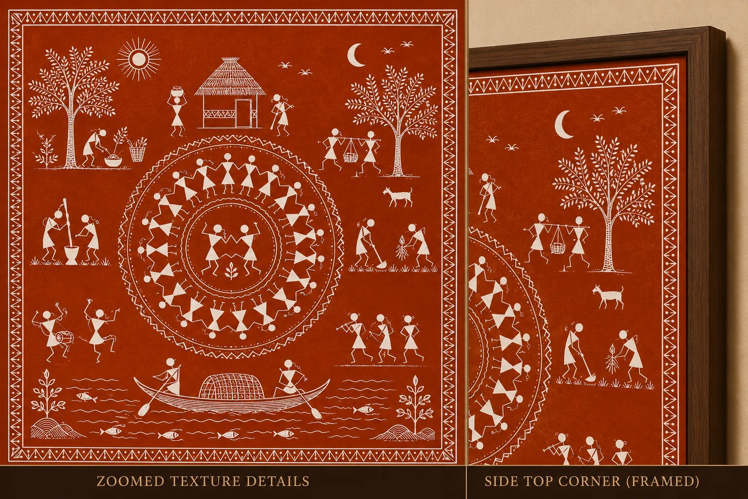 Traditional Warli Village Life & Celebration Canvas Print - Indian Tribal Wall Art - Image 4